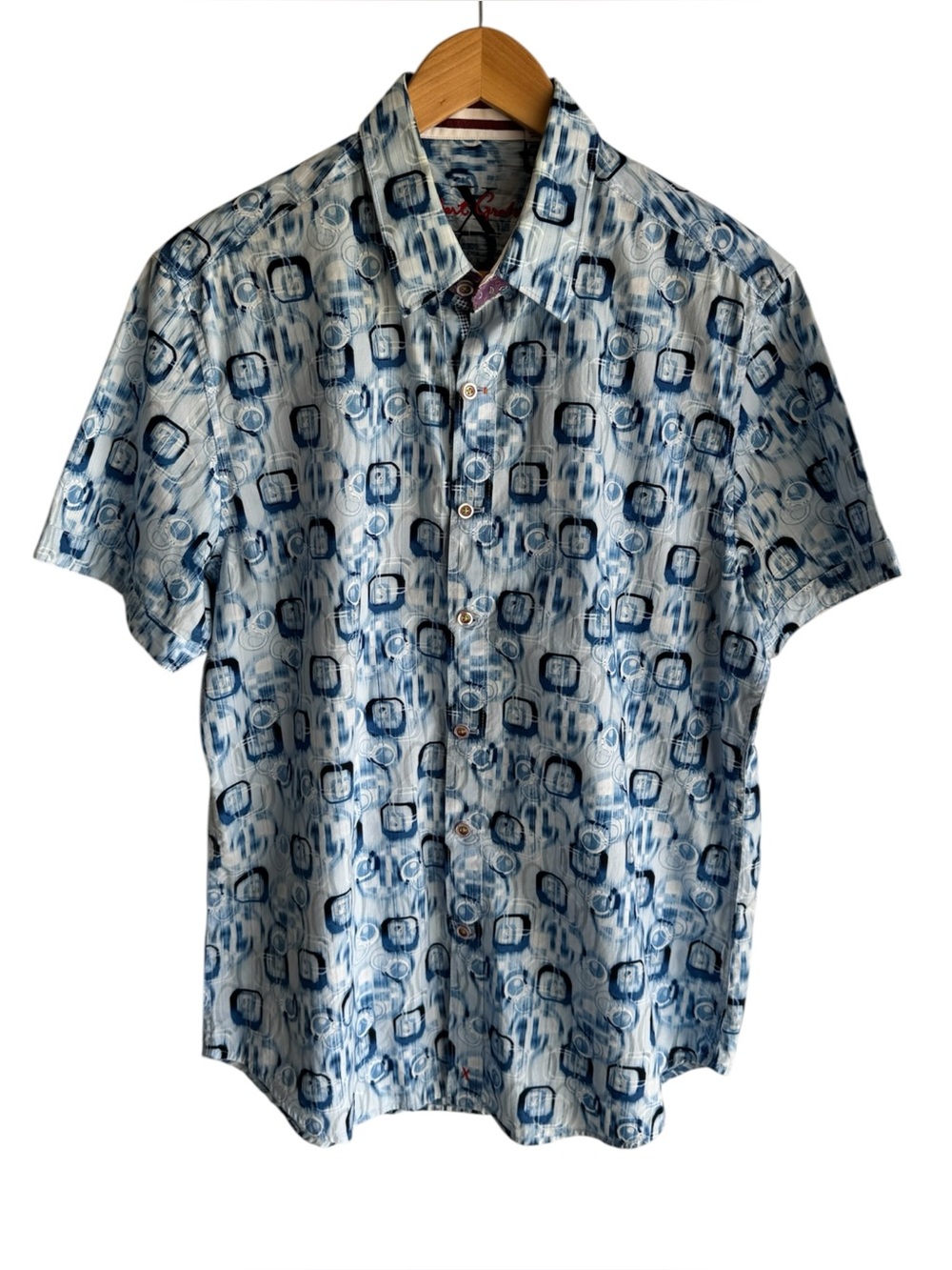Robert Graham 100% Cotton Button Down Mens L Blue Short Sleeve Preppy Abstract